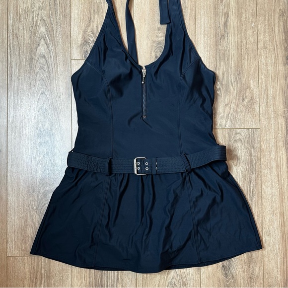 ShapeFx One Piece Halter Swimsuit Womens size 16 skirt swim dress, black belted - Picture 2 of 11